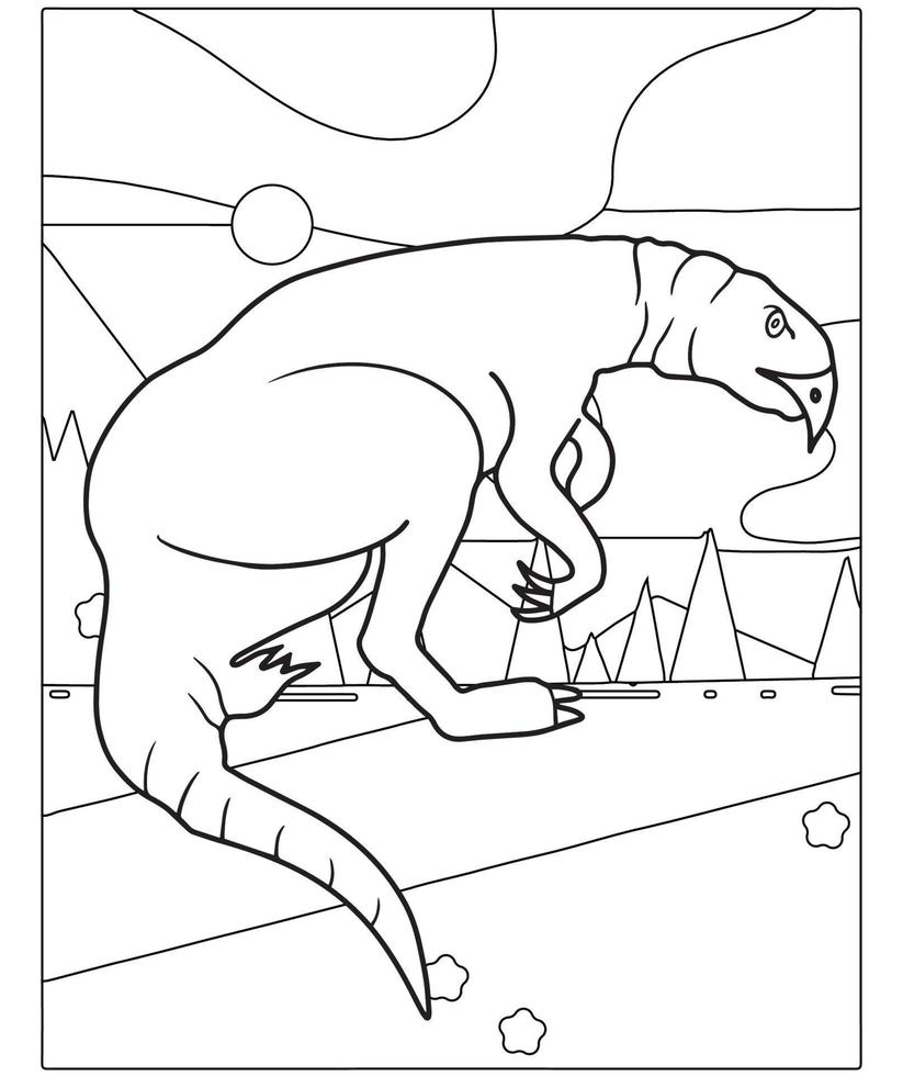 hermosa página para colorear dinosaurios para niños. Pintada a mano en estilo de dibujos animados con una hermosa imagen para colorear. Parque jurásico. paisaje prehistórico imprimible. vector