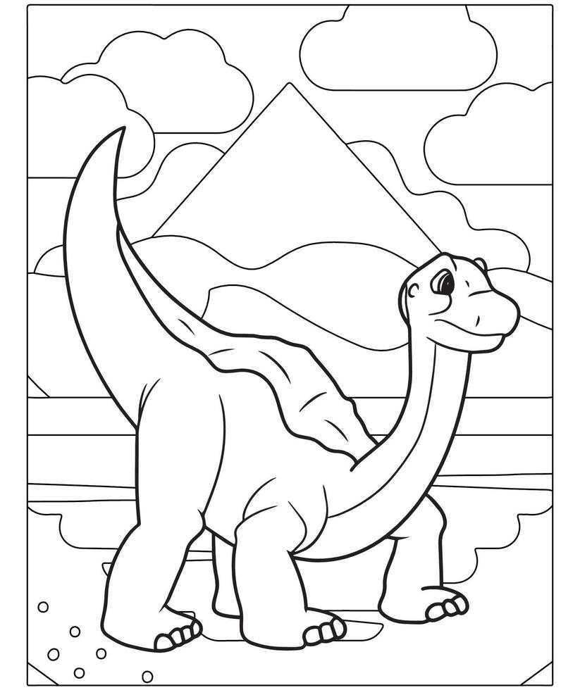 hermosa página para colorear dinosaurios para niños. Pintada a mano en estilo de dibujos animados con una hermosa imagen para colorear. Parque jurásico. paisaje prehistórico imprimible. vector