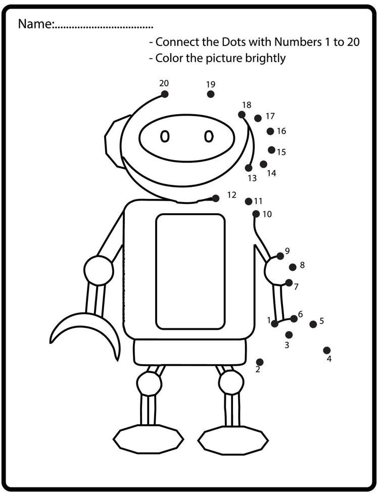 juego educativo de rompecabezas de punto a punto con robot de fideos para niños, ilustración vectorial vector