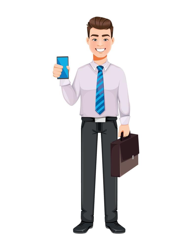 Handsome business man holding smartphone vector