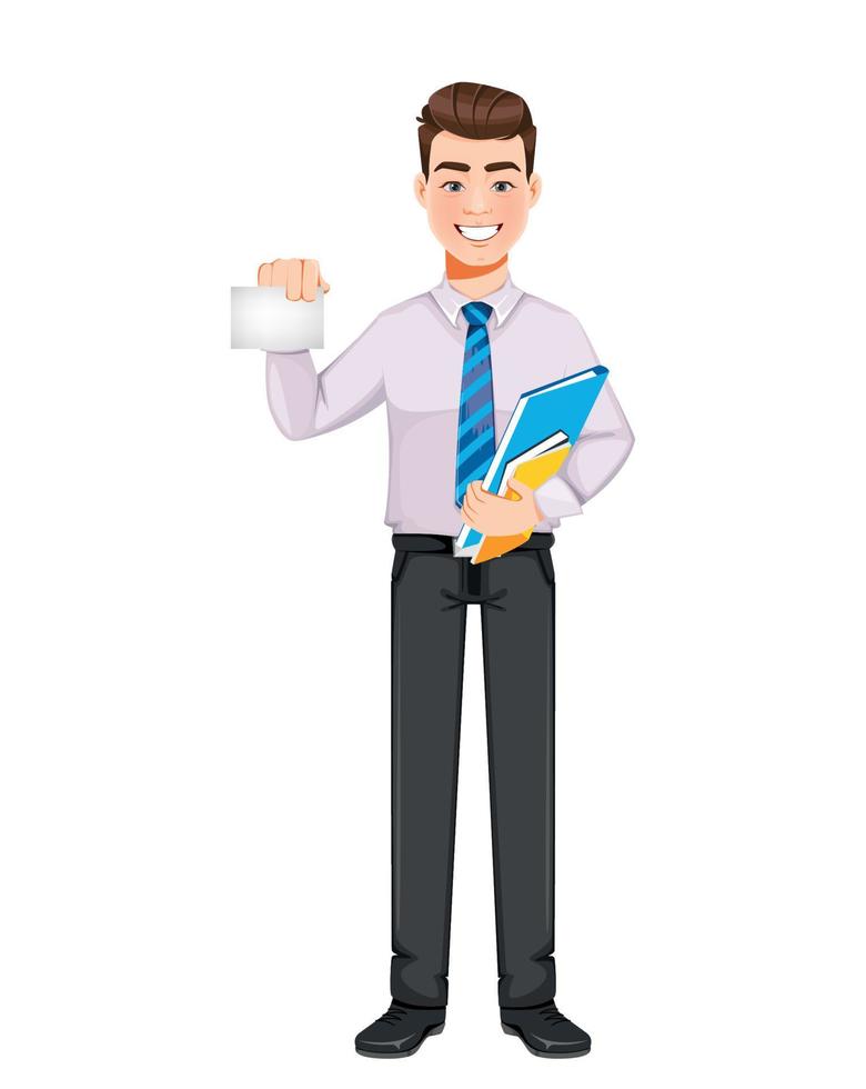 Handsome business man holding blank card vector