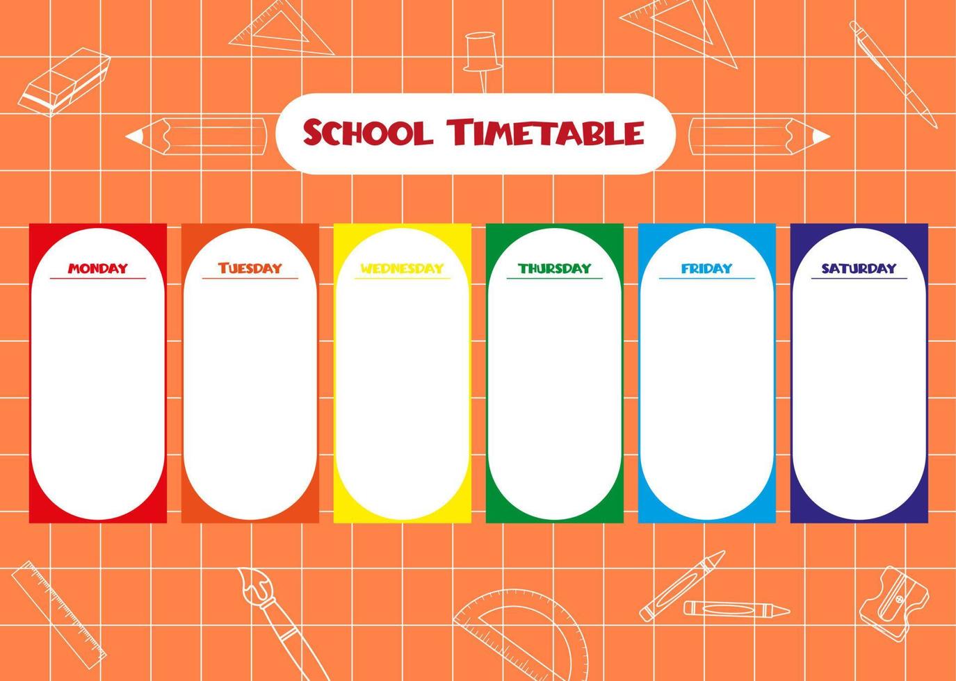 Back to School. School timetable for pupils. Hand drawn elements of school supplies. vector