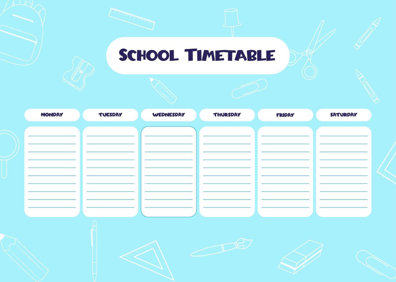 School schedule. Timetable for kids. Weekly time table with day of the week. Educational classes diary. A4 paper size. vector