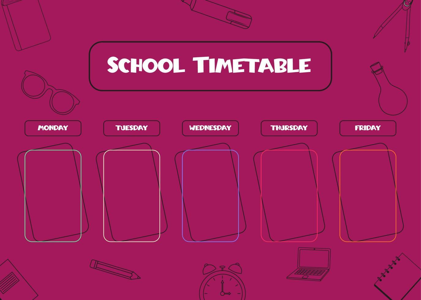 School timetable template for kids. Weekly planner with school supplies in line art style. Schedule design template. vector