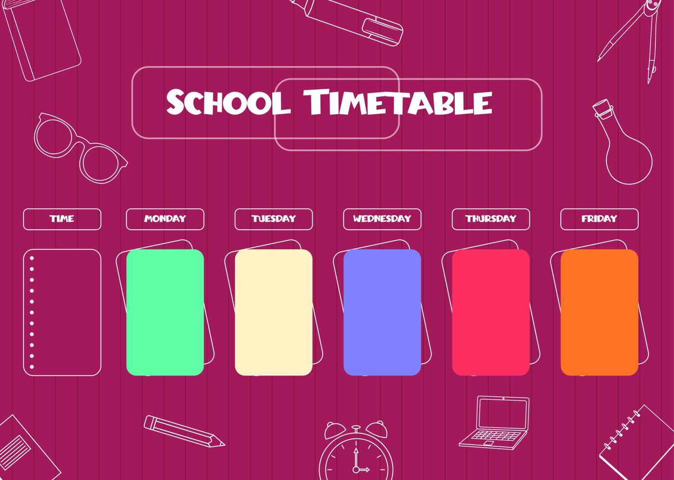 horario escolar. horario para niños. horario semanal con el día de la semana y cosas escolares dibujadas a mano. diario de clases educativas. tamaño de papel a4. vector