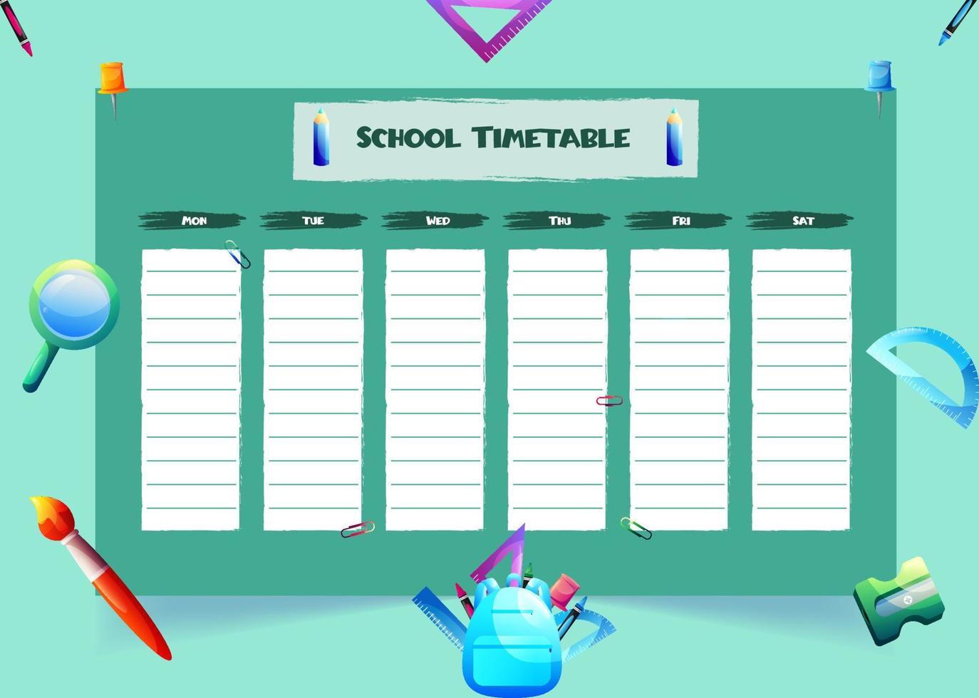 School timetable. Kids plan schedule. Cute colorful background. Vector background. Education background. Vector drawing. Weekly planner for children