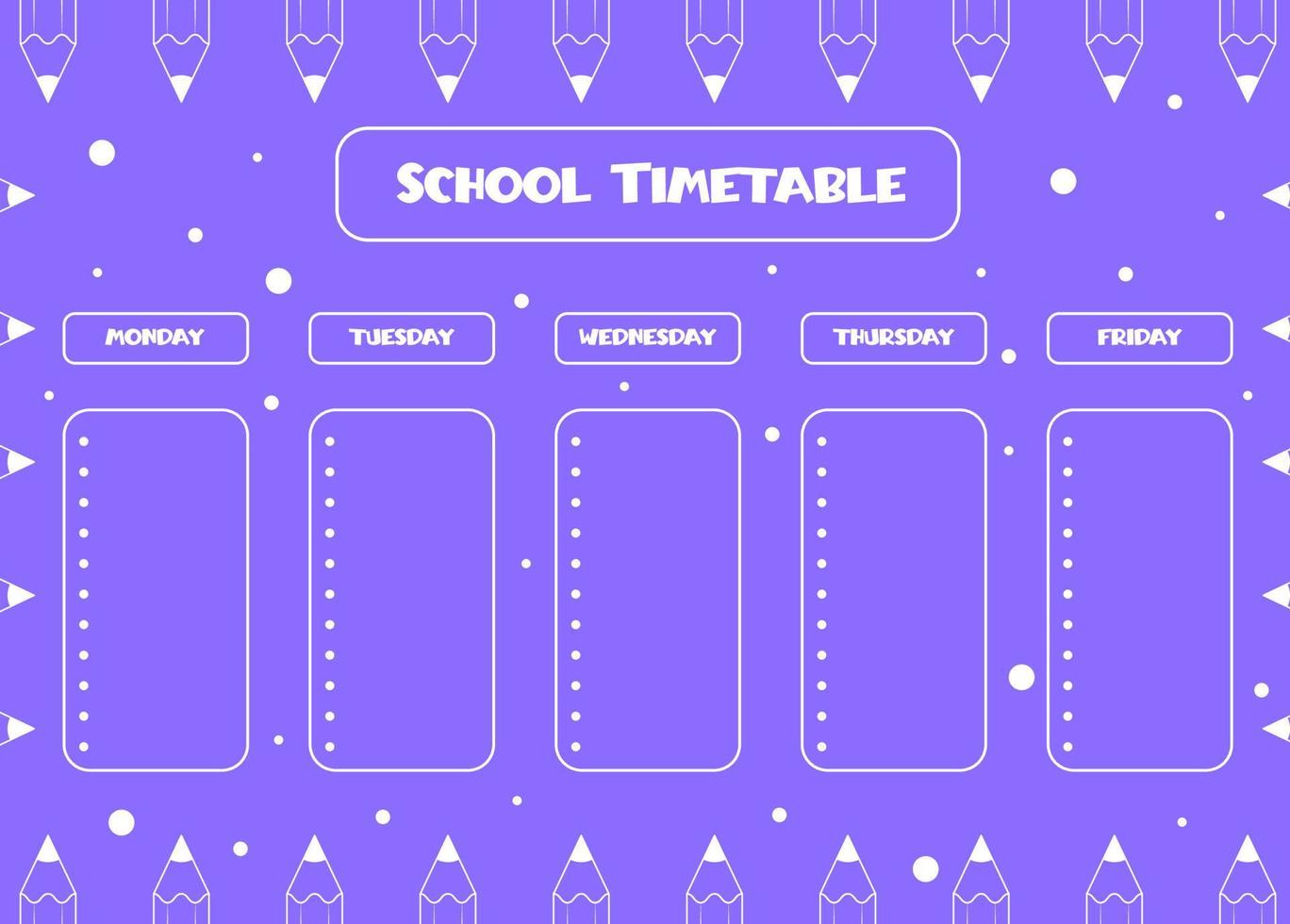 Back to School. School timetable for pupils. Hand drawn pencils with dots. vector