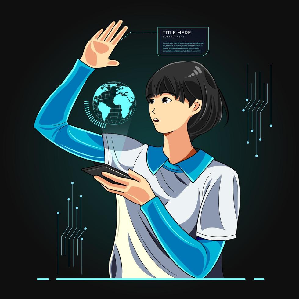 Artificial intelligence digital technology concept. Young girl creating virtual screen vector illustration free download
