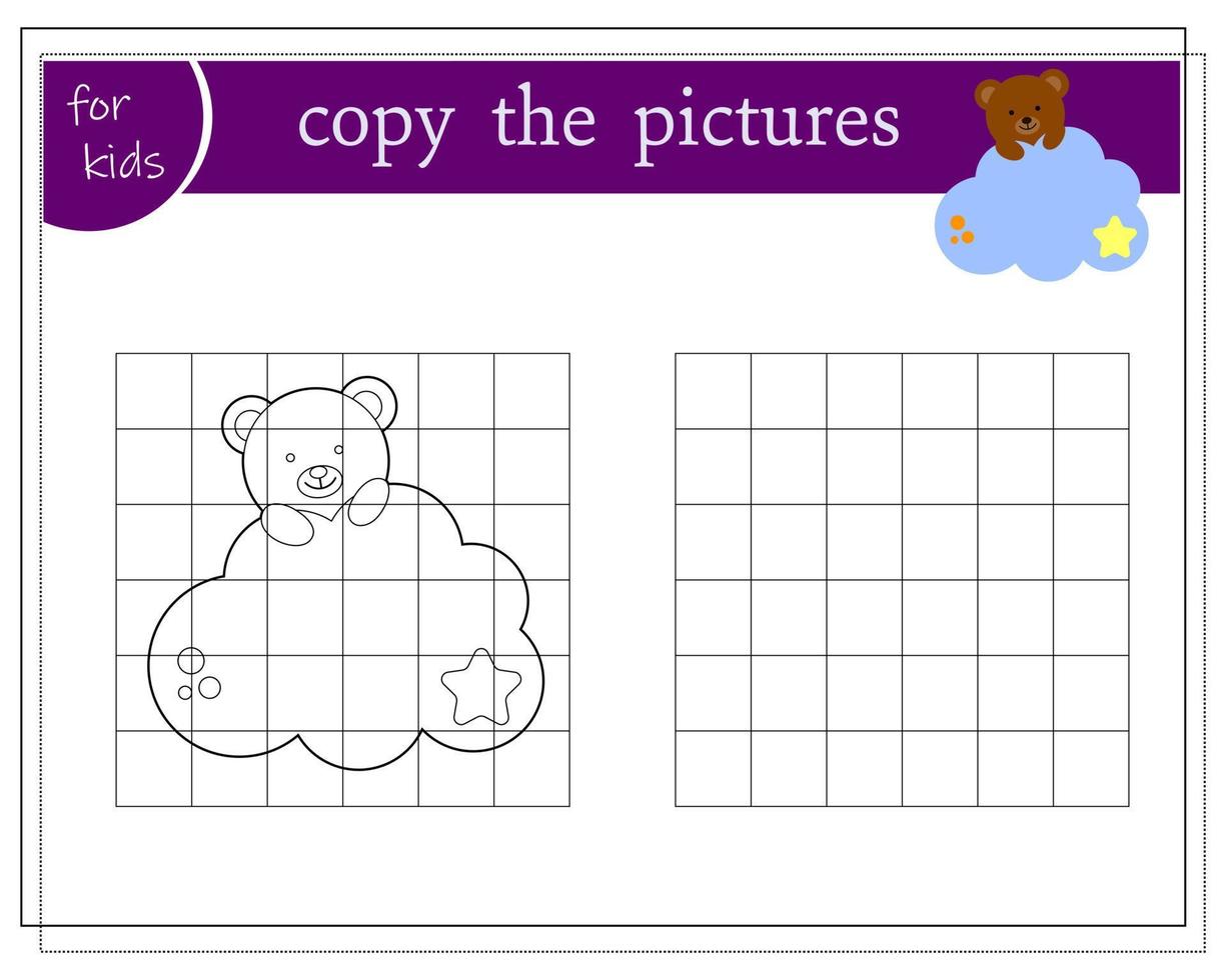 Copy the picture, educational games for kids, Cartoon bear sleeping in the clouds. vector isolated on a white background