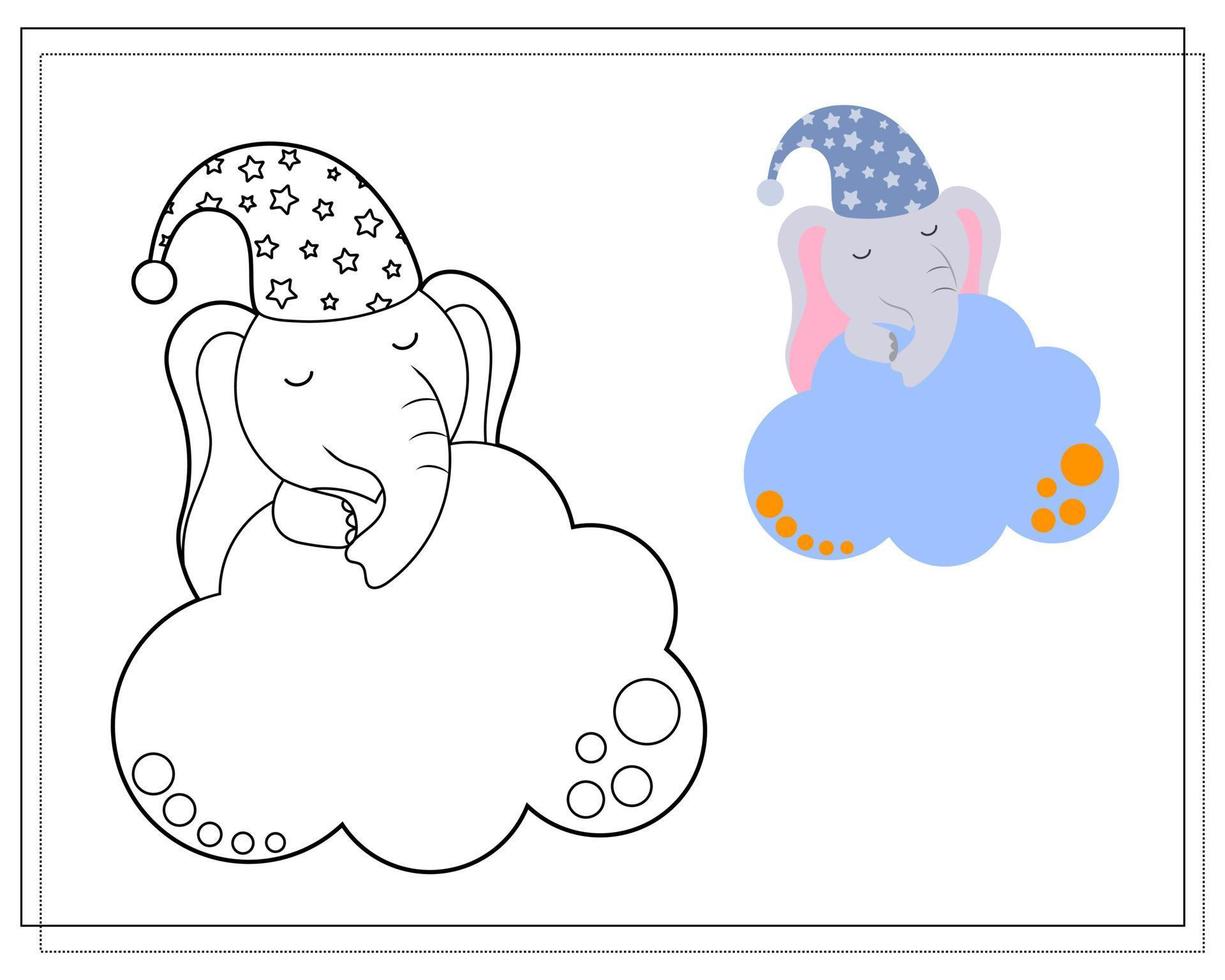 libro para colorear para niños. dibuja un lindo elefante de dibujos animados durmiendo en las nubes con un sombrero para dormir basado en el dibujo. vector aislado en un fondo blanco.
