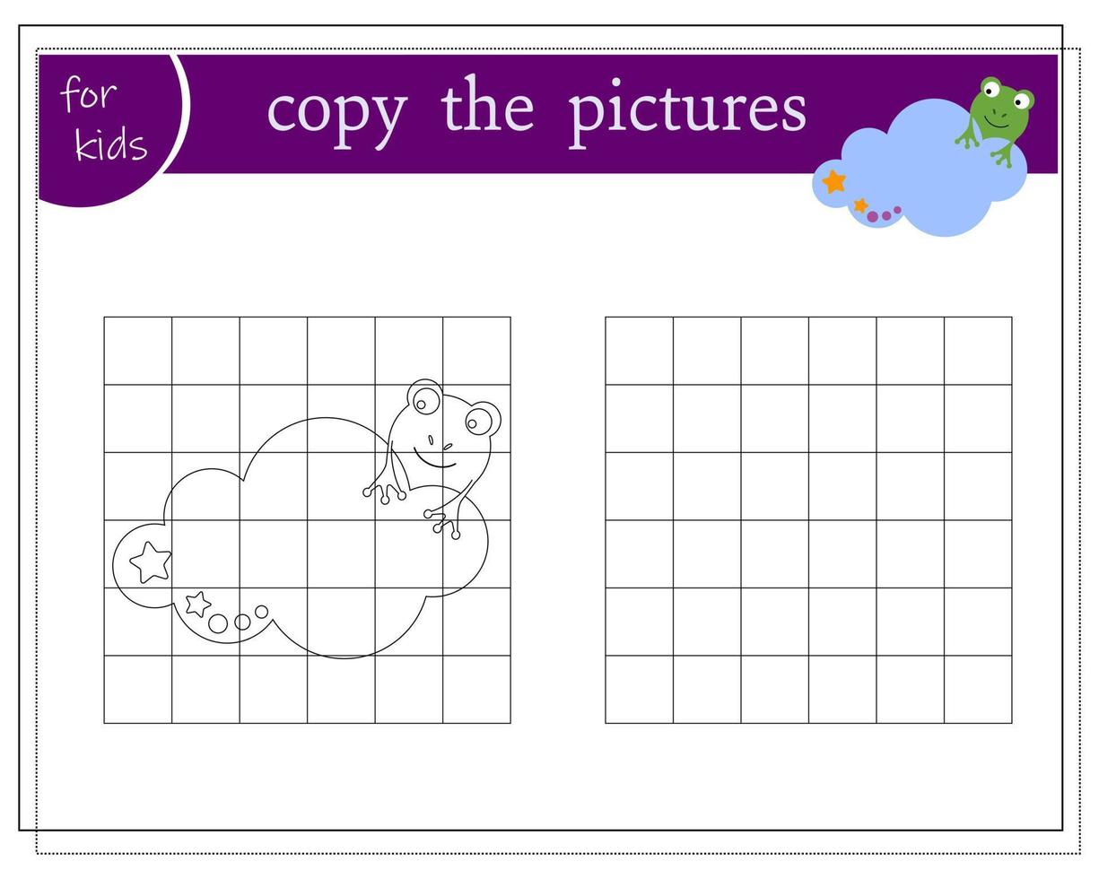 copia la imagen, juegos educativos para niños, rana de dibujos animados durmiendo en las nubes. vector aislado en un fondo blanco