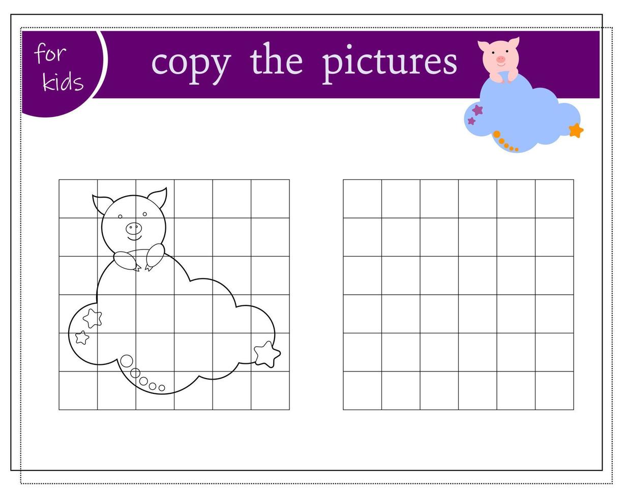 Copy the picture, educational games for kids, Cartoon pig sleeping in the clouds. vector isolated on a white background