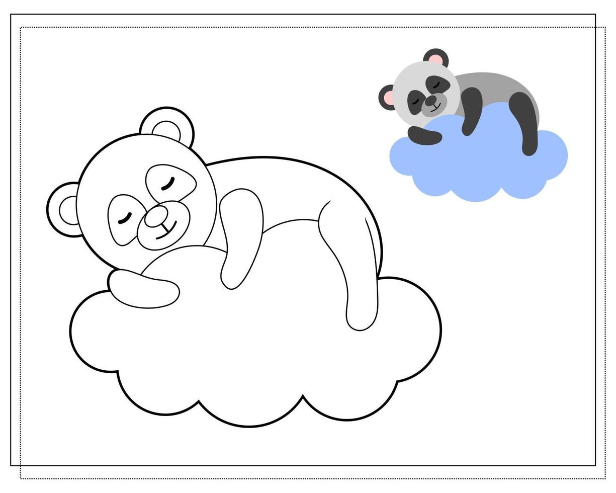 Coloring book for children. Draw a cute cartoon panda sleeping in the clouds based on the drawing. Vector isolated on a white background.