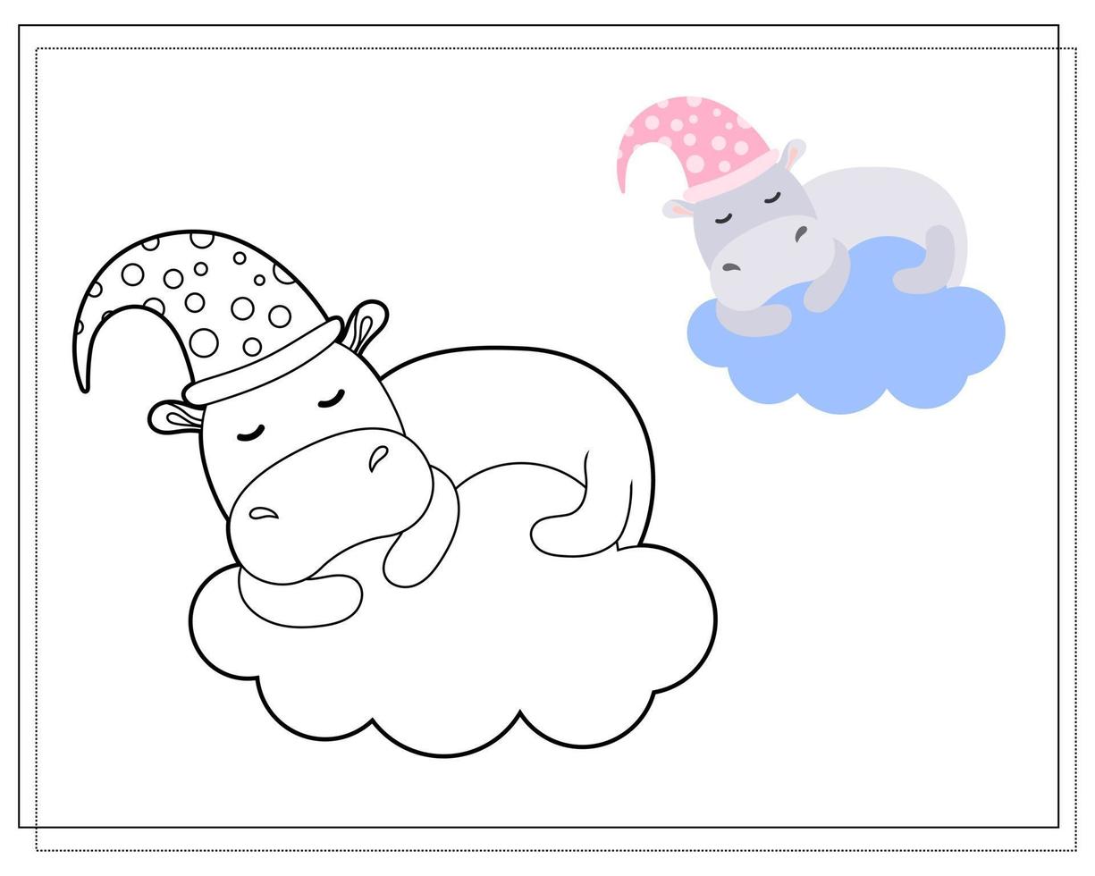 Coloring book for children. Draw a cute cartoon cute hippo sleeping on a cloud based on the drawing. Vector isolated on a white background.