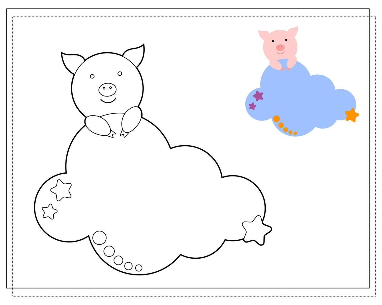 Coloring book for children. Draw a cute cartoon pig sleeping in the clouds based on the drawing. Vector isolated on a white background.