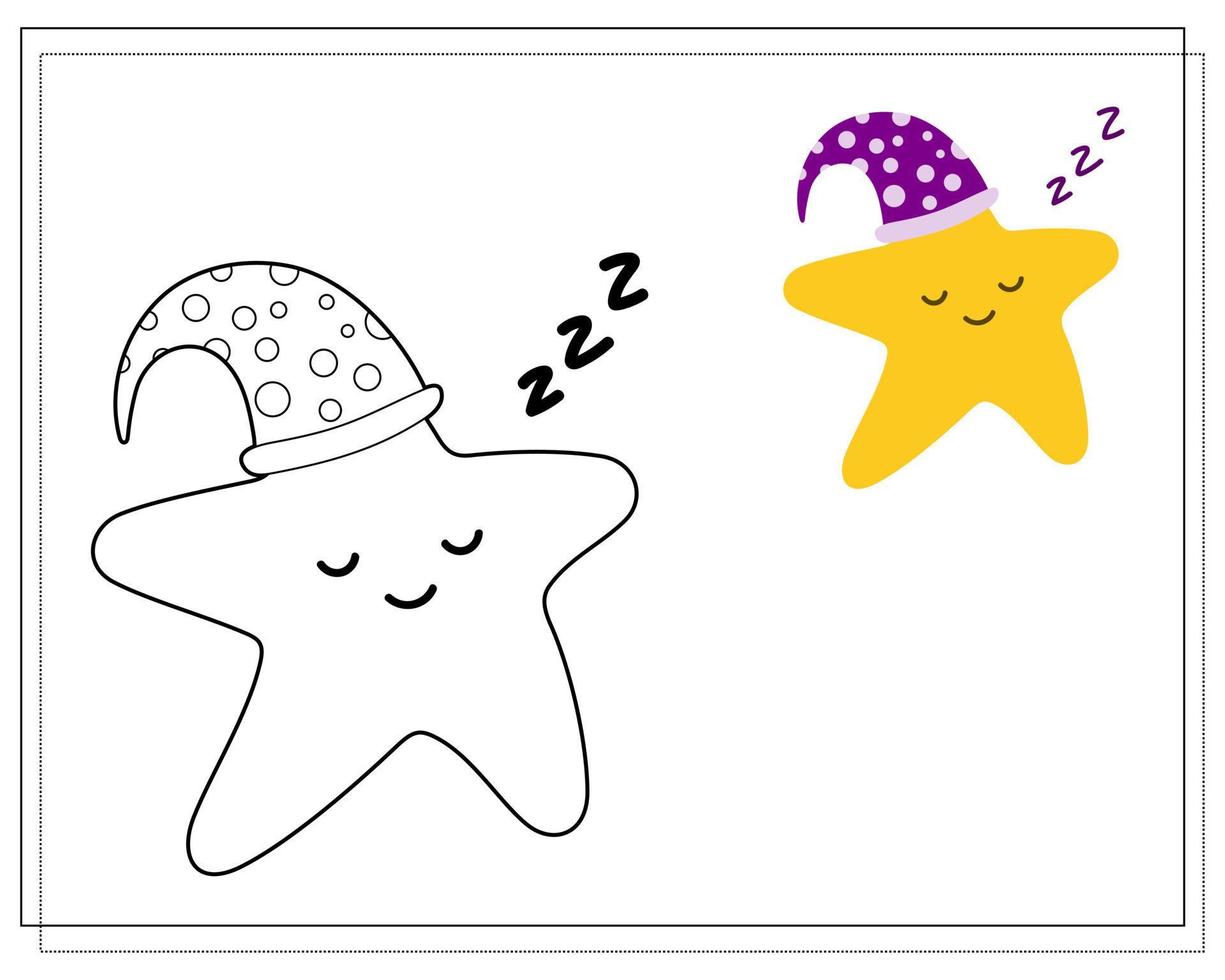 Coloring book for children. Draw a cute cartoon star sleeping in a sleep cap based on the drawing. Vector isolated on a white background.