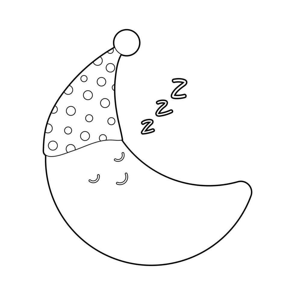 libro para colorear para niños. dibuja una linda luna de dibujos animados  durmiendo con un gorro de dormir según el dibujo. vector aislado en un  fondo blanco. 9991436 Vector en Vecteezy
