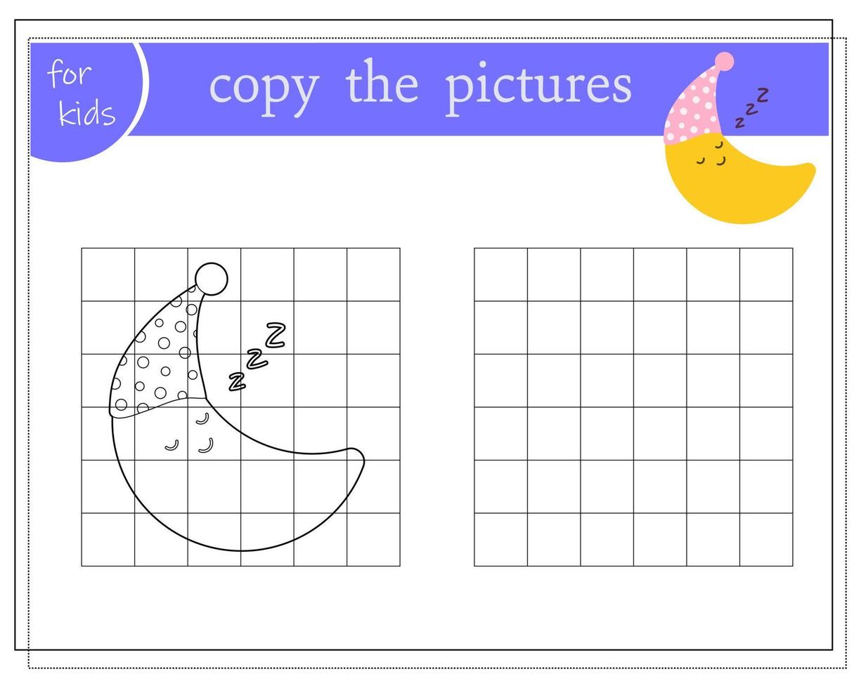 copia la imagen, juegos educativos para niños, luna de dibujos animados duerme en un gorro de dormir. vector aislado en un fondo blanco