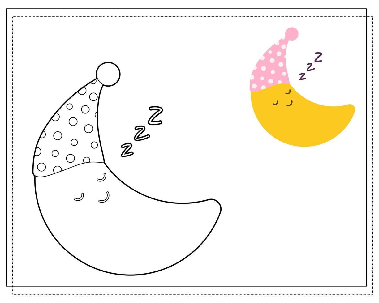 Coloring book for children. Draw a cute cartoon moon sleeping in a sleeping cap based on the drawing. Vector isolated on a white background.