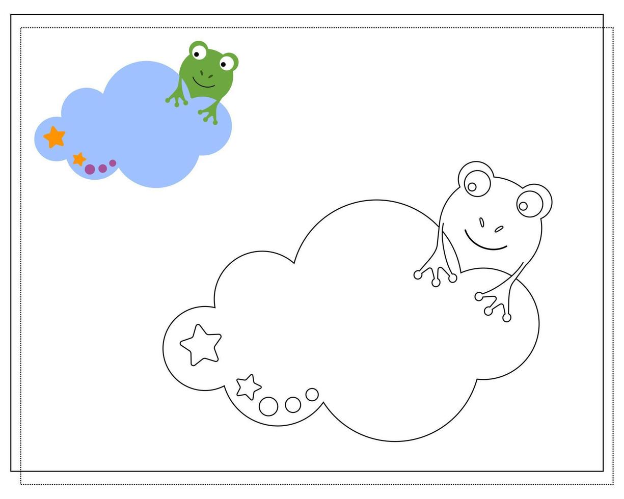 Coloring book for children. Draw a cute cartoon frog sleeping in the clouds based on the drawing. Vector isolated on a white background.