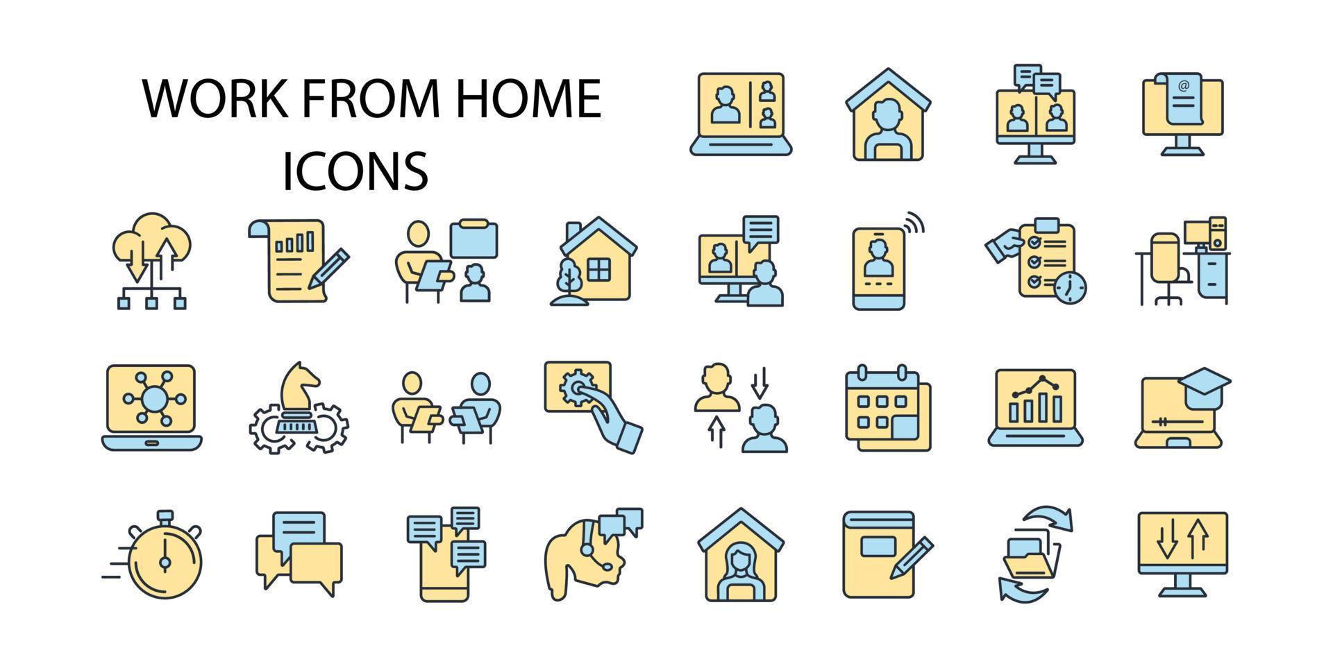 trabajar desde el conjunto de iconos de casa. trabajar desde elementos de vector de símbolo de paquete de casa para web de infografía