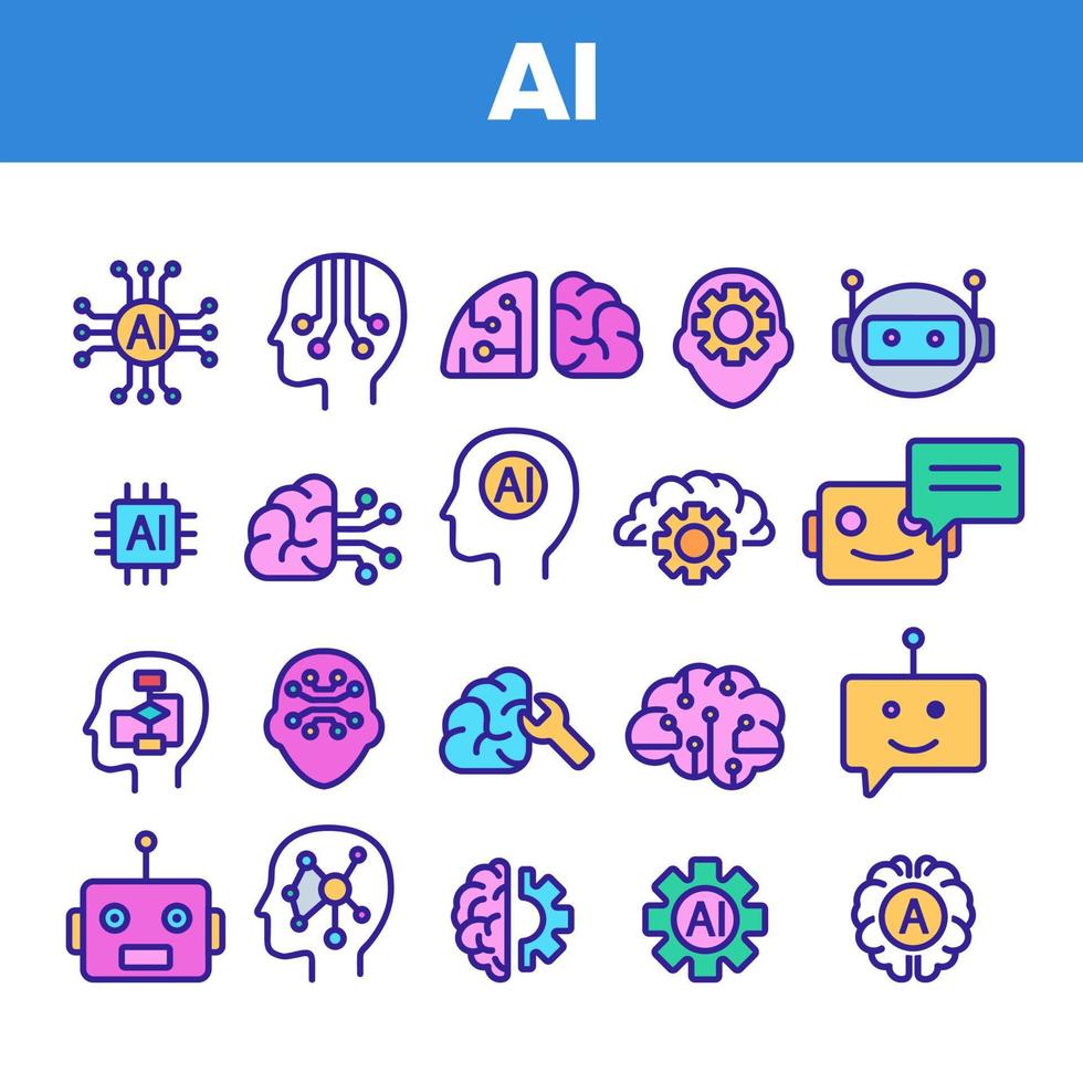 conjunto de iconos de vector de elementos de inteligencia artificial de color