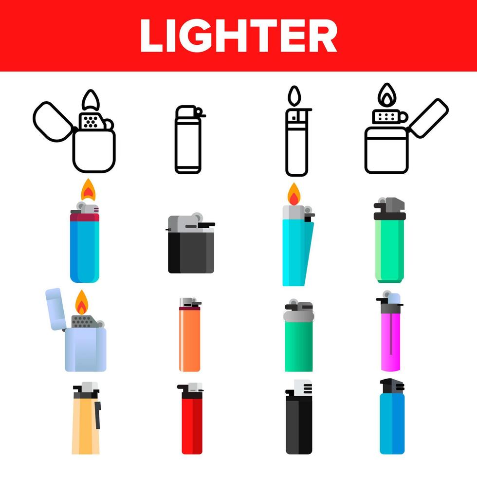 Lighter Icon Set Vector. Gas Tool. Tobacco Lighter Icons. Burning Object. Plastic Accessory. Line, Flat Illustration vector