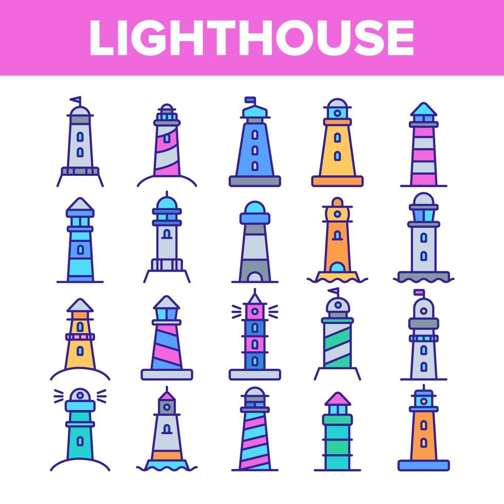 Lighthouse, Sea Beacon Linear Vector Icons Set