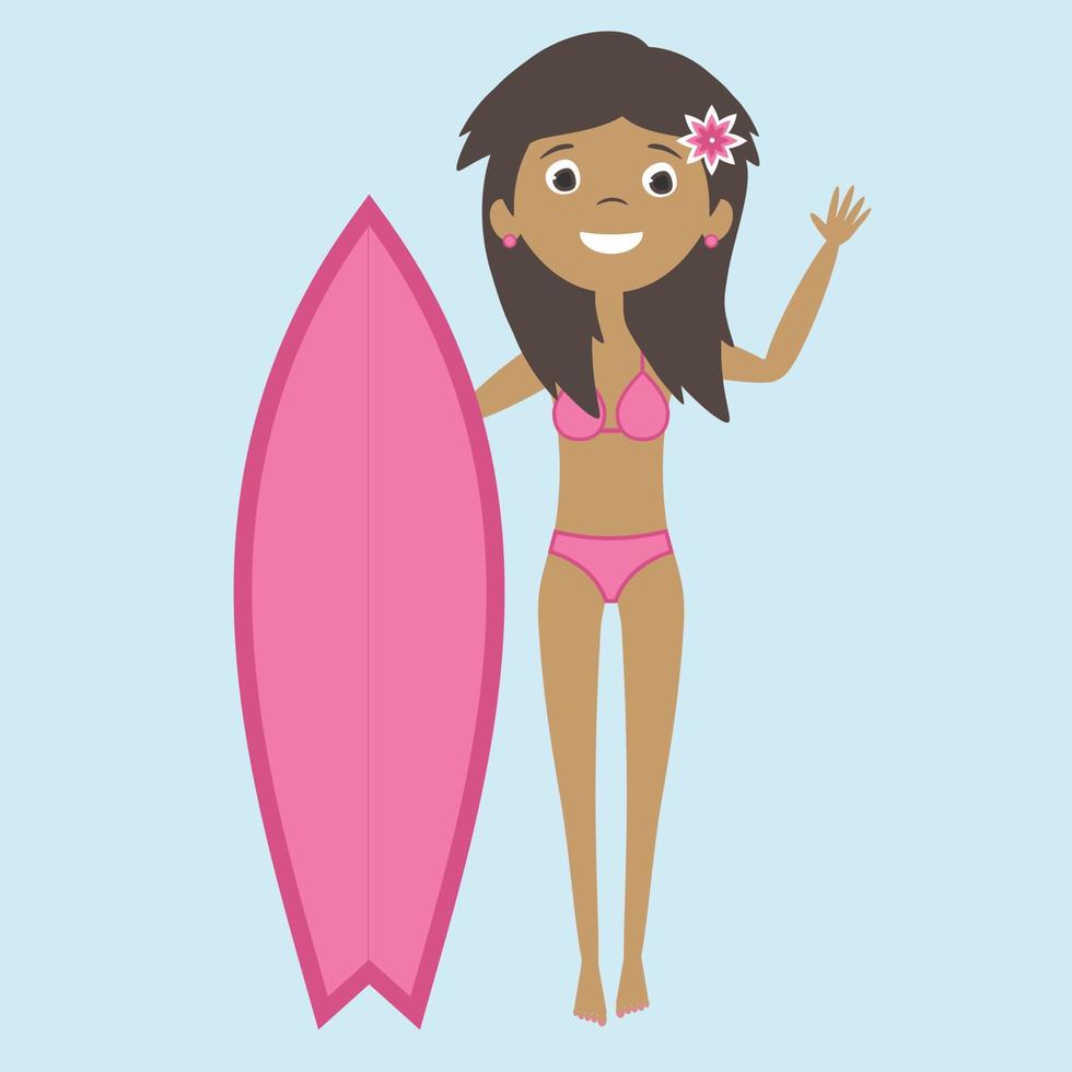 vector, plano, surfista, niña, con, rosa, tabla de surf vector