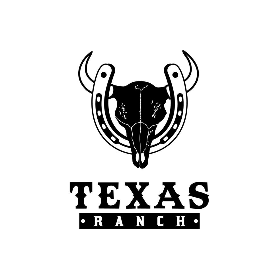 Skull Bull Buffalo Cow with Horseshoe for Vintage Retro Western Countryside Farm Texas Ranch Country logo design vector