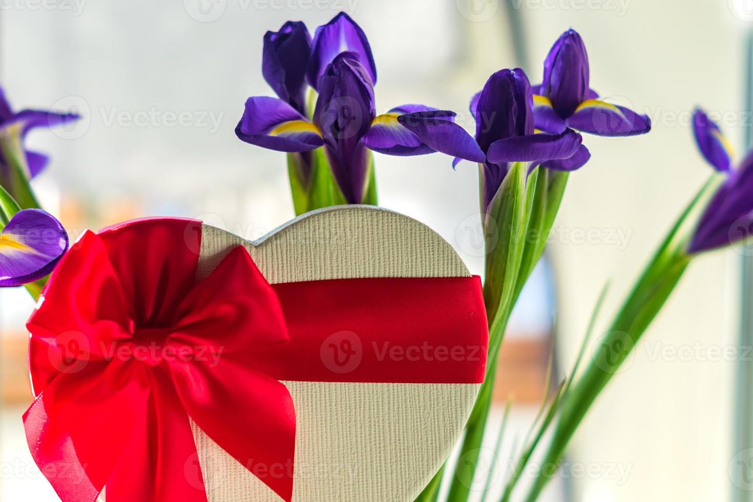 beautiful bouquet of blue irises and heart shaped present box with red lace bow photo