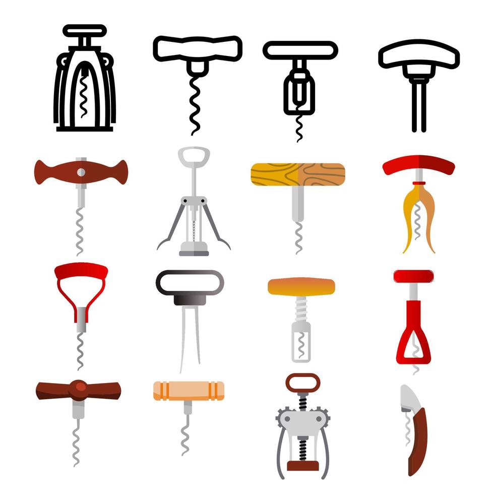 Corkscrew Icon Set Vector. Wine Cork Screw. Open Bottle. Party Bar Tool. Drink Opener Equipment. Beverage Object. Line, Flat Illustration vector