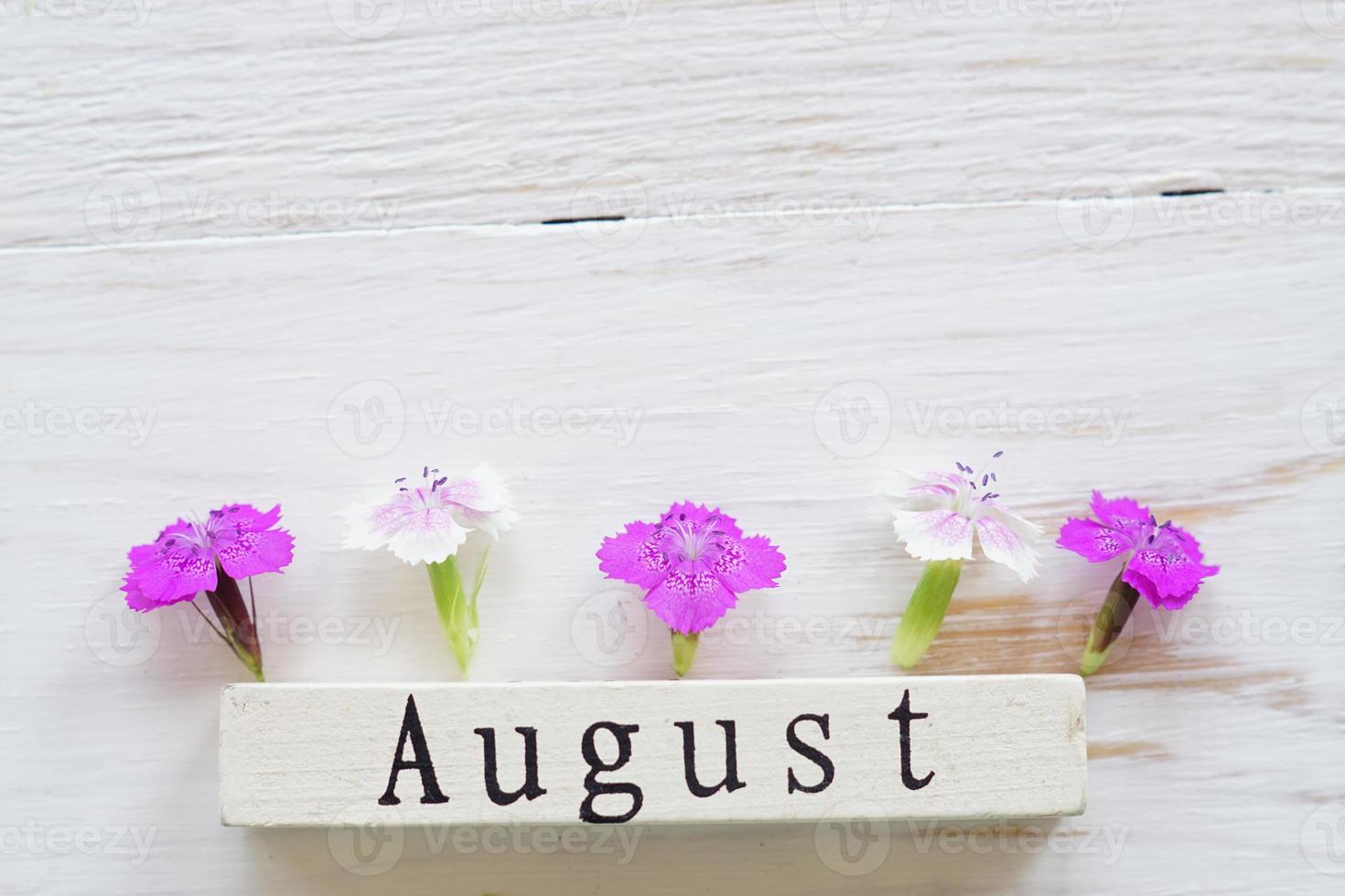 top view of wooden calendar with August sign and pink flowers. photo