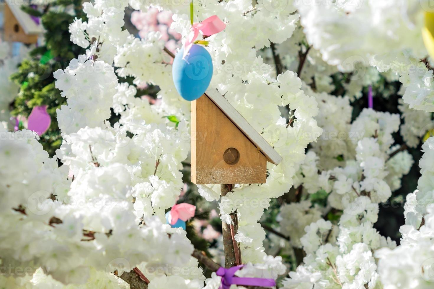 casa de pájaros de madera en un manzano floreciente. jardín y decoración de primavera de la ciudad foto