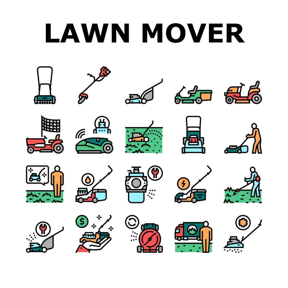 Lawn Mower Equipment Collection Icons Set Vector