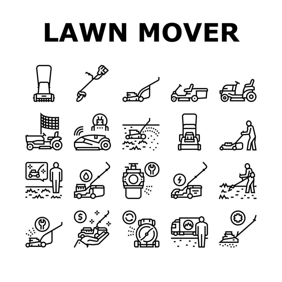 Lawn Mower Equipment Collection Icons Set Vector