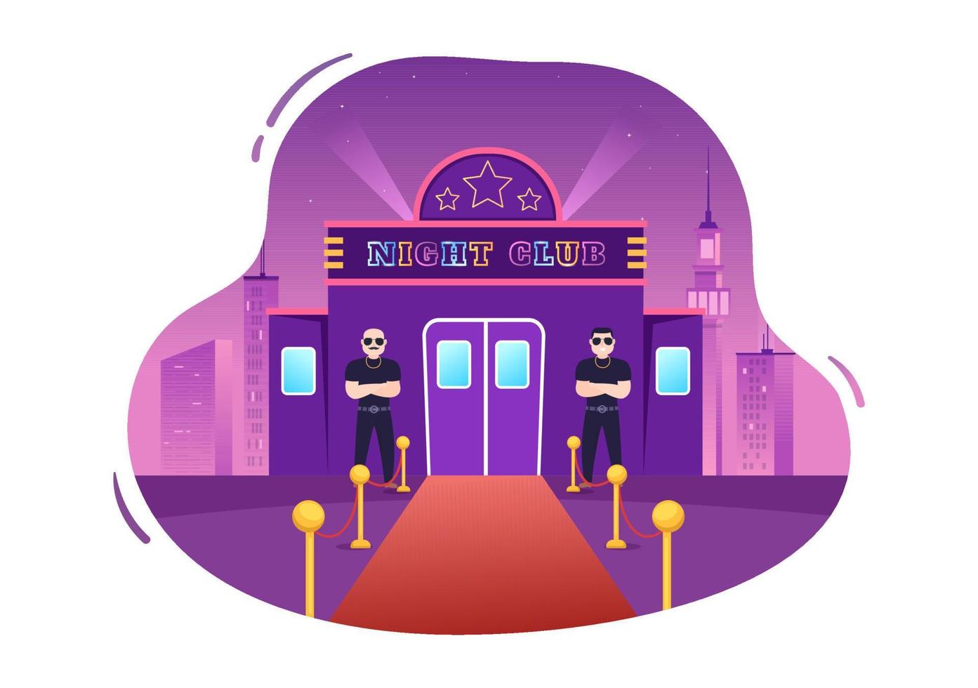 People Big and Bald Bouncers Standing Outside the Entrance to the Night Club in Flat Cartoon Illustration vector