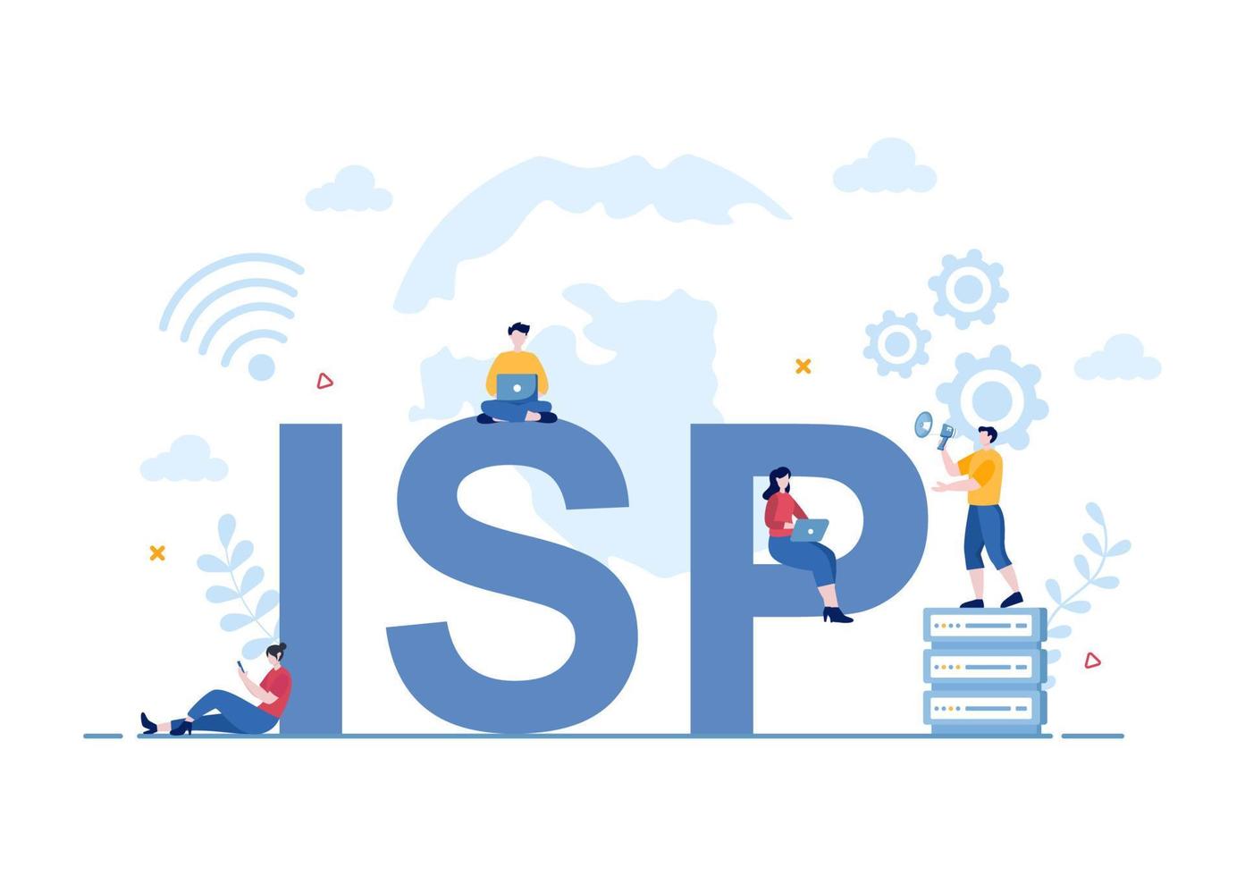 ISP or Internet Service Provider Cartoon Illustration with Keywords and Icons for Intranet Access, Secure Network Connection and Privacy Protection vector