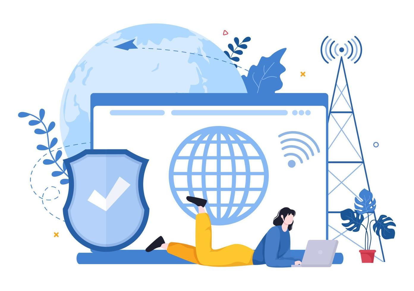 ISP or Internet Service Provider Cartoon Illustration with Keywords and Icons for Intranet Access, Secure Network Connection and Privacy Protection vector