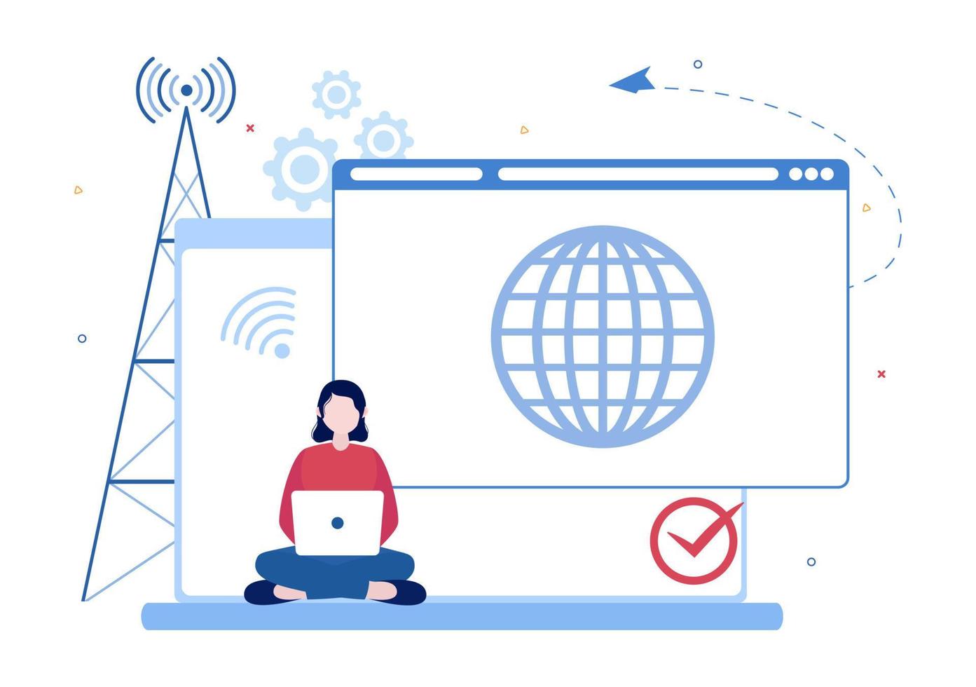 ISP or Internet Service Provider Cartoon Illustration with Keywords and Icons for Intranet Access, Secure Network Connection and Privacy Protection vector