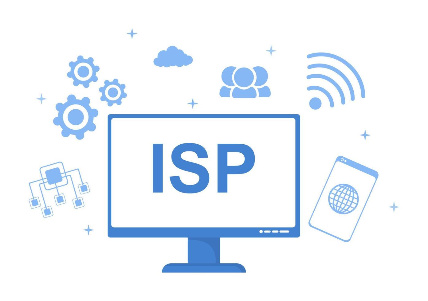 isp o ilustración de dibujos animados del proveedor de servicios de Internet con palabras clave e íconos para acceso a la intranet, conexión de red segura y protección de la privacidad vector