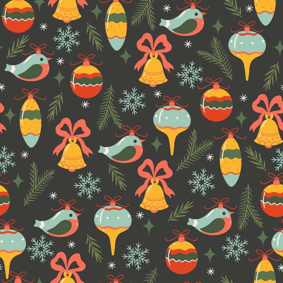 Seamless pattern with Christmas decor and fir branches. Vector graphics.