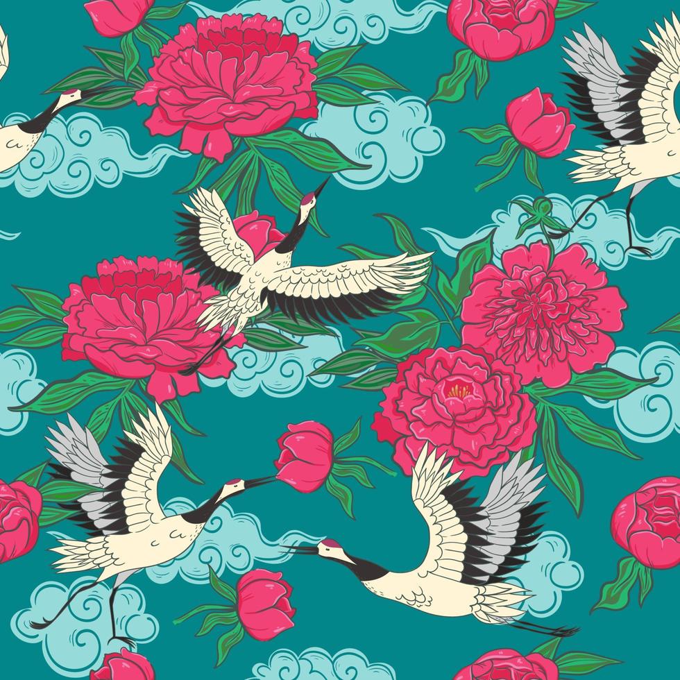 Seamless pattern with cranes and peonies. Vector graphics.