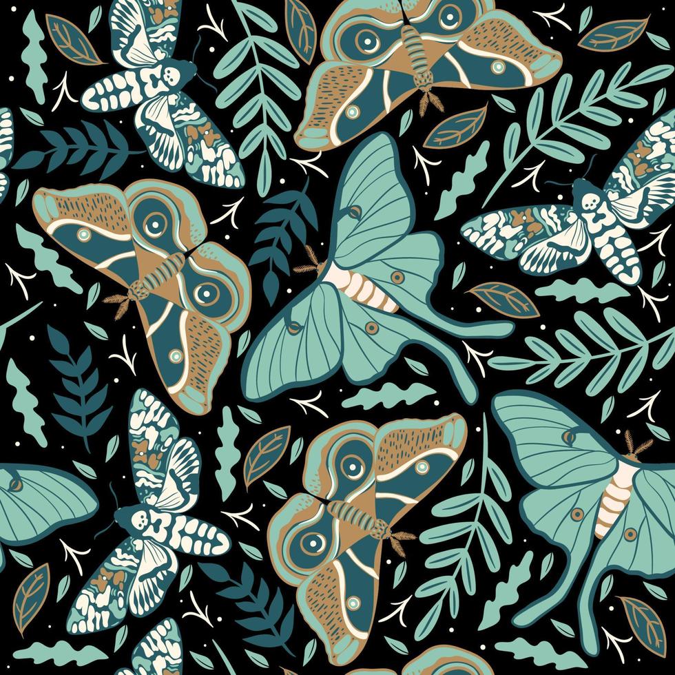 Seamless pattern with moths on a dark background. Vector graphics.