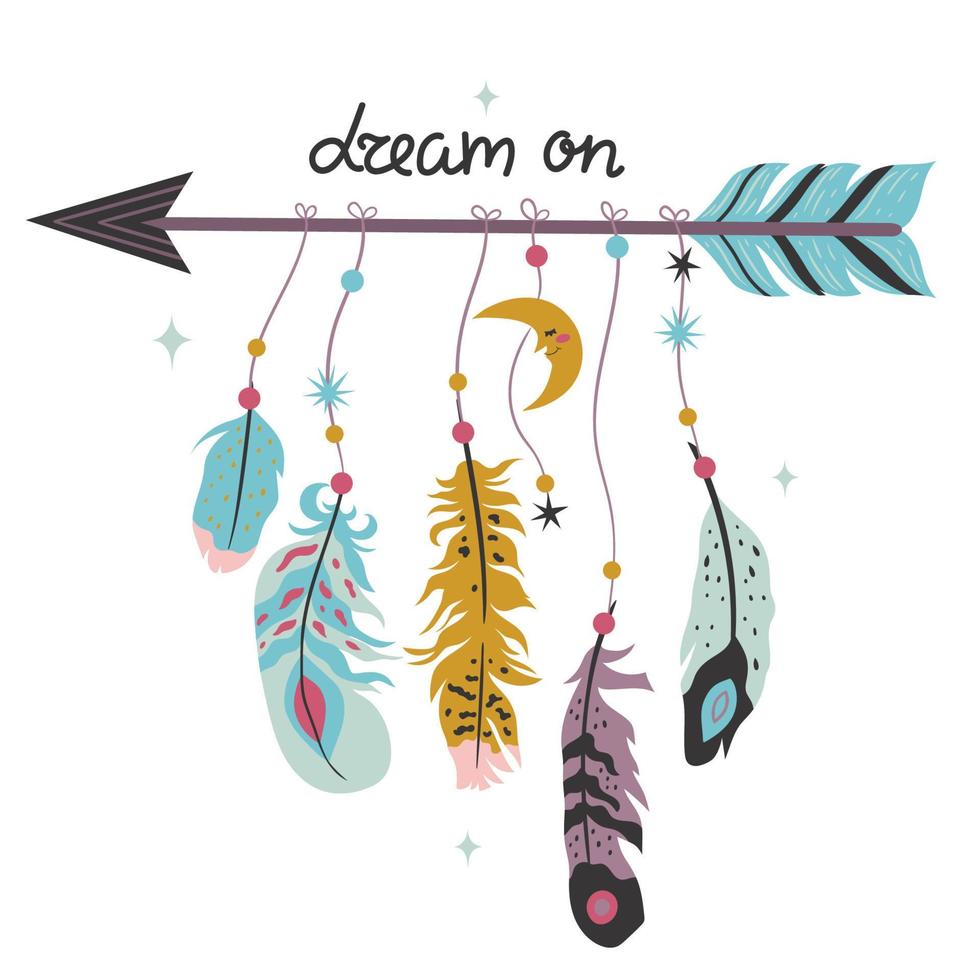 Vector illustration with feathers, arrows and beads in boho style. Vector graphics.