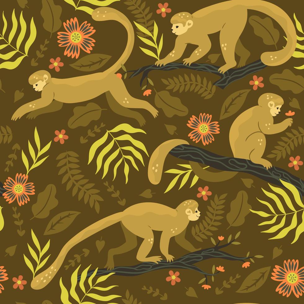 Seamless pattern with monkeys on the branches. Vector graphics.