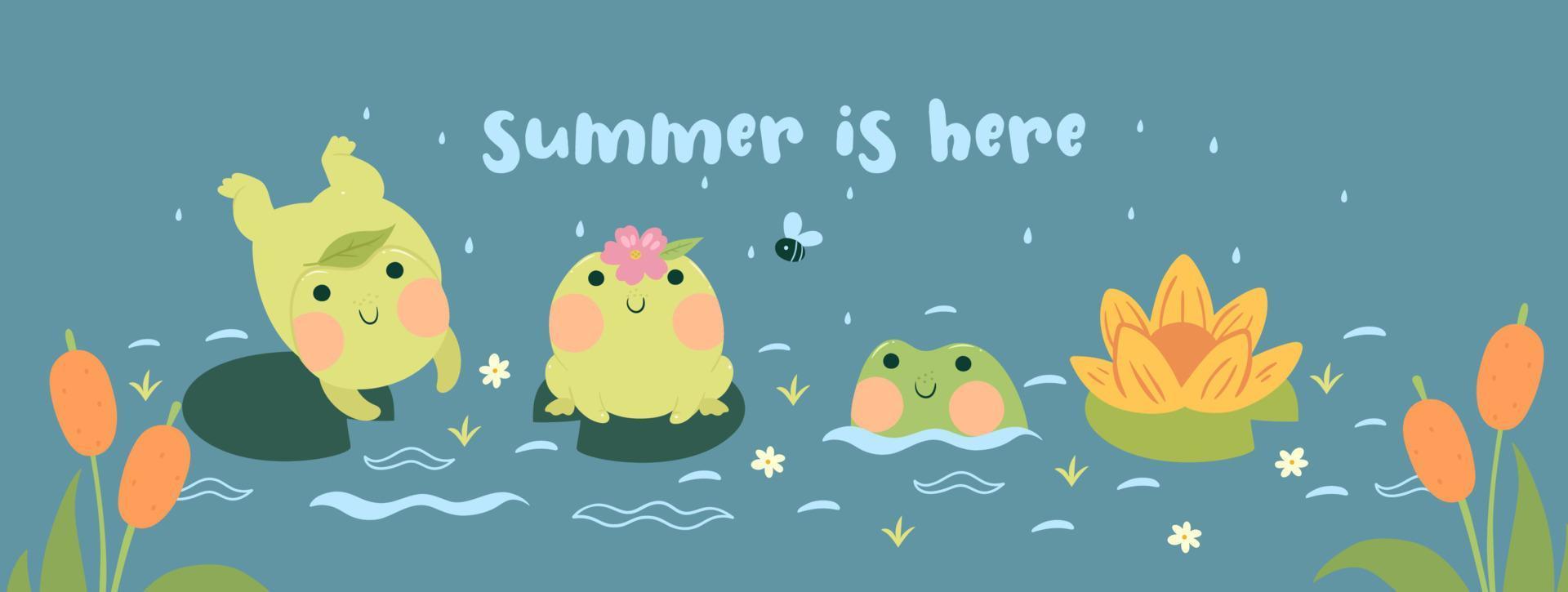 Banner with frogs on the pond with the inscription summer is here. Vector graphics