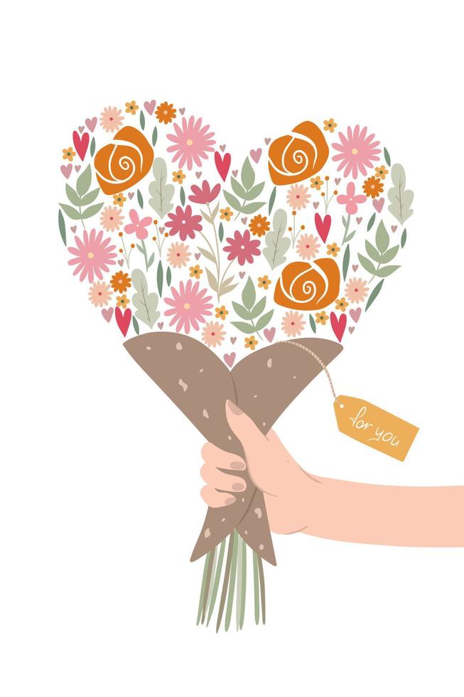 Greeting card with a bouquet in the shape of a heart in hand. Vector graphics.