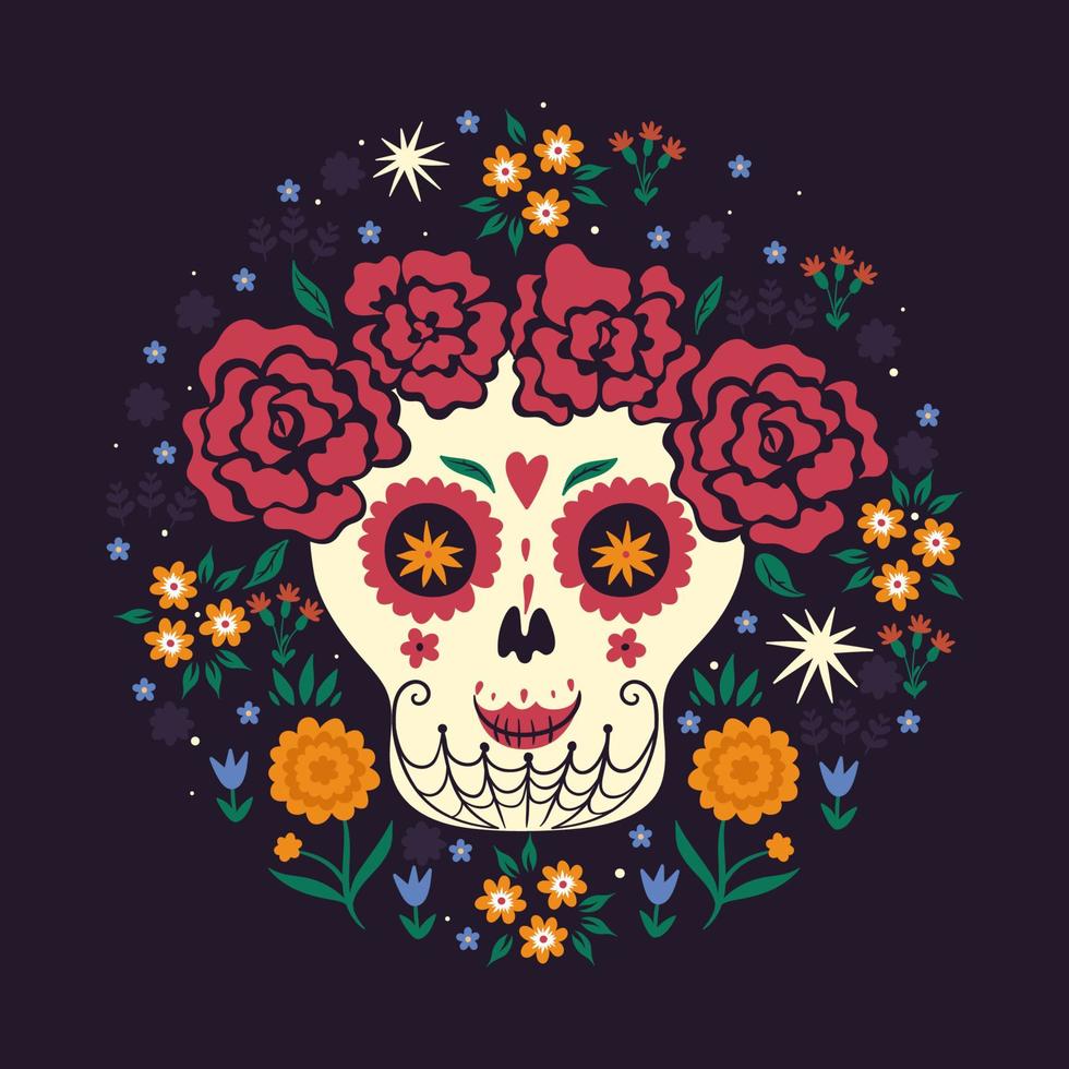 Mexican girl skeleton. The mood of the day of the dead. Vector graphics