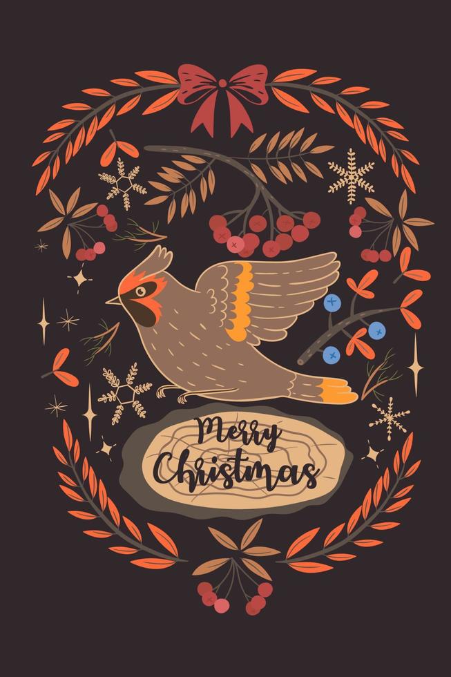Greeting card with waxwings and the inscription Merry Christmas. Vector graphics.